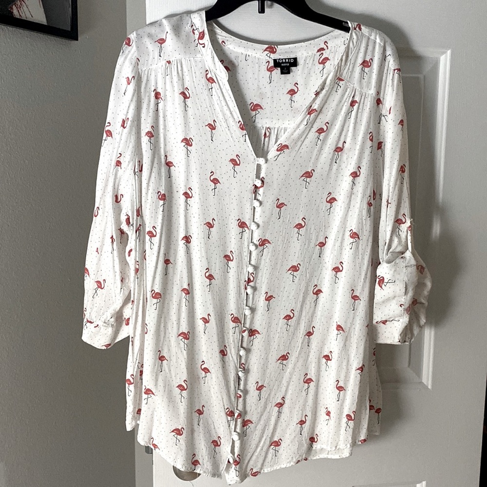 ☀️ 2 FOR $30 ☀️ Flamingo & Polka-Dot Button-Down Torrid Tab-Sleeve Blouse - 3X